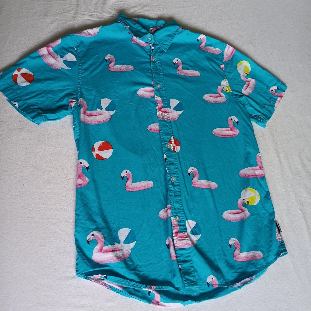 Ocean Current Sz M Turquoise Flamingo Pool Floaty Button Down Shirt Short Sleeve